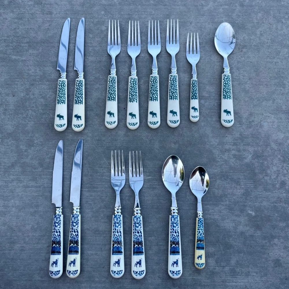 Tienshan Mixed Wildlife Flatware Lot Stainless Steel Wolf Moose Cabin Lodge 14pc